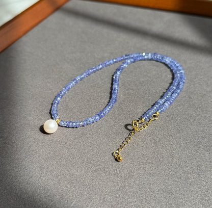 Natural Tanzanite Beaded Necklace | 2*4mm Faceted Gemstone | 18K Gold Freshwater Pearl Pendant | Minimalist Jewelry