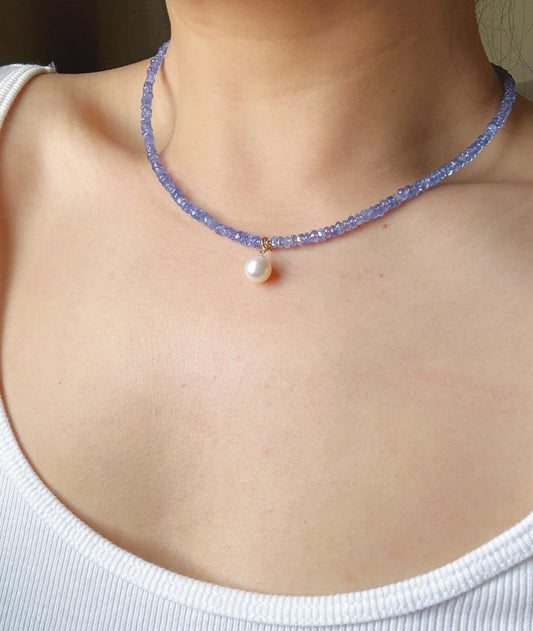 Natural Tanzanite Beaded Necklace | 2*4mm Faceted Gemstone | 18K Gold Freshwater Pearl Pendant | Minimalist Jewelry
