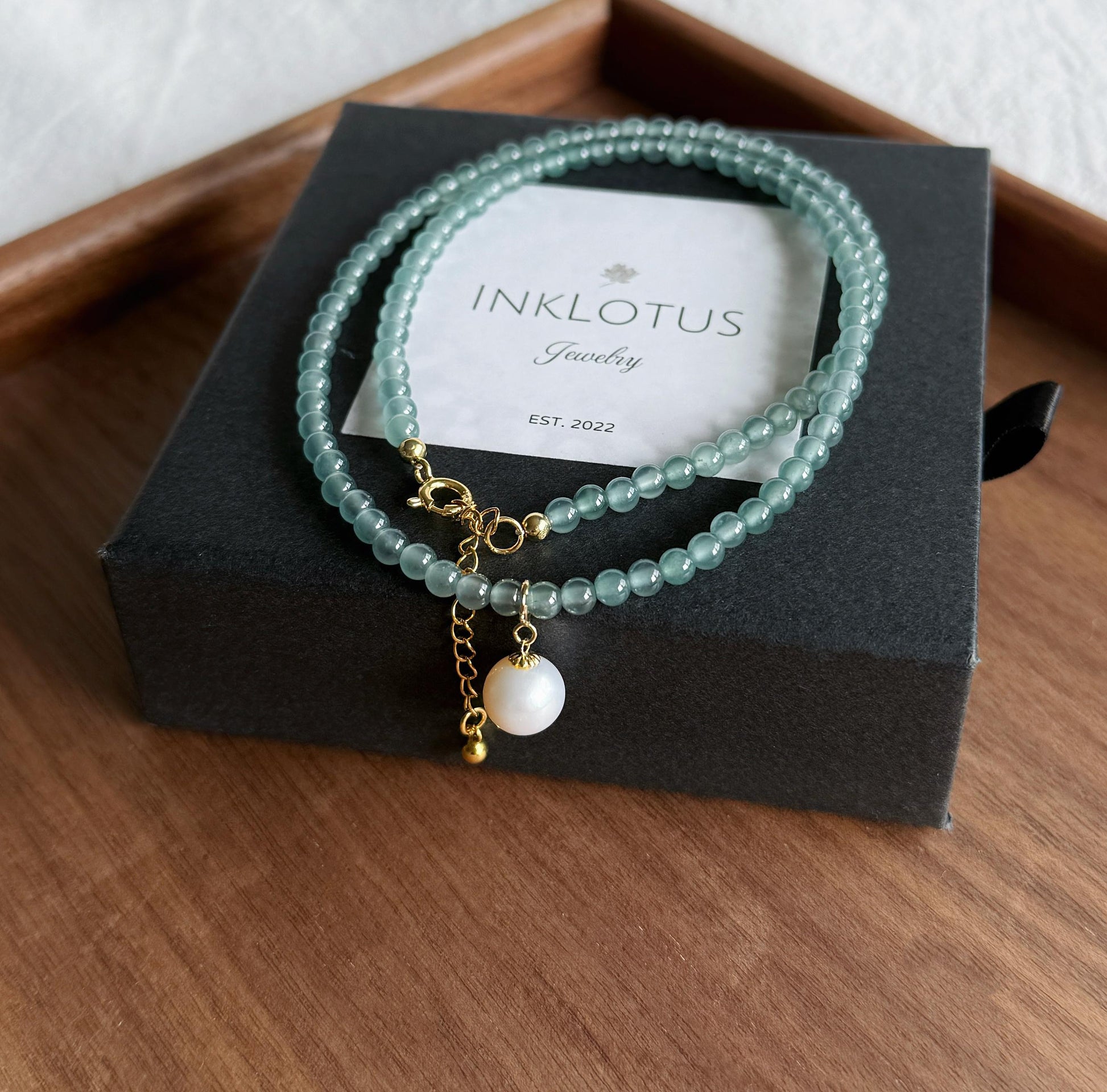 3.5mm Natural Blue Water Guatemalan Jadeite Necklace Choker | 18K Gold Freshwater Pearl Pendant | Adjustable