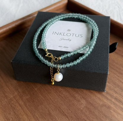 3.5mm Natural Blue Water Guatemalan Jadeite Necklace Choker | 18K Gold Freshwater Pearl Pendant | Adjustable