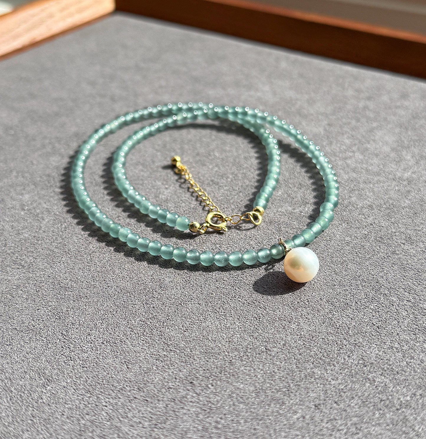3.5mm Natural Blue Water Guatemalan Jadeite Necklace Choker | 18K Gold Freshwater Pearl Pendant | Adjustable