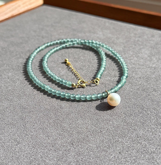 3.5mm Natural Blue Water Guatemalan Jadeite Necklace Choker | 18K Gold Freshwater Pearl Pendant | Adjustable