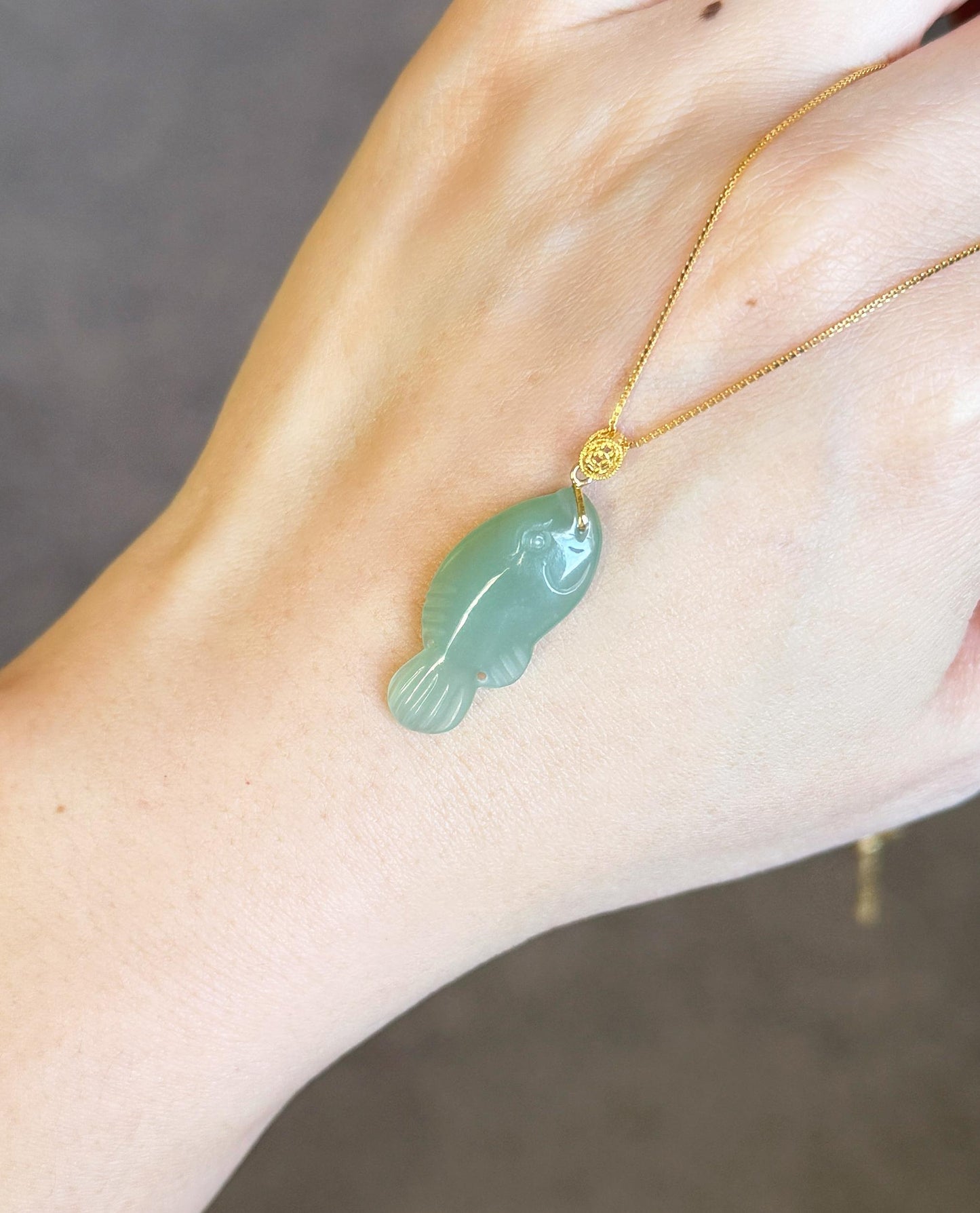 Green Nephrite Jade Fish Pendant Necklace | 18K Gold Bail, Adjustable Chain
