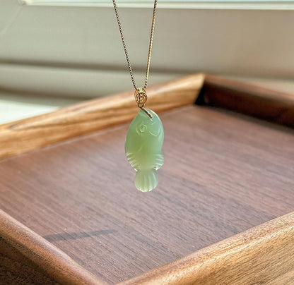 Green Nephrite Jade Fish Pendant Necklace | 18K Gold Bail, Adjustable Chain