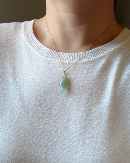 Green Nephrite Jade Fish Pendant Necklace | 18K Gold Bail, Adjustable Chain