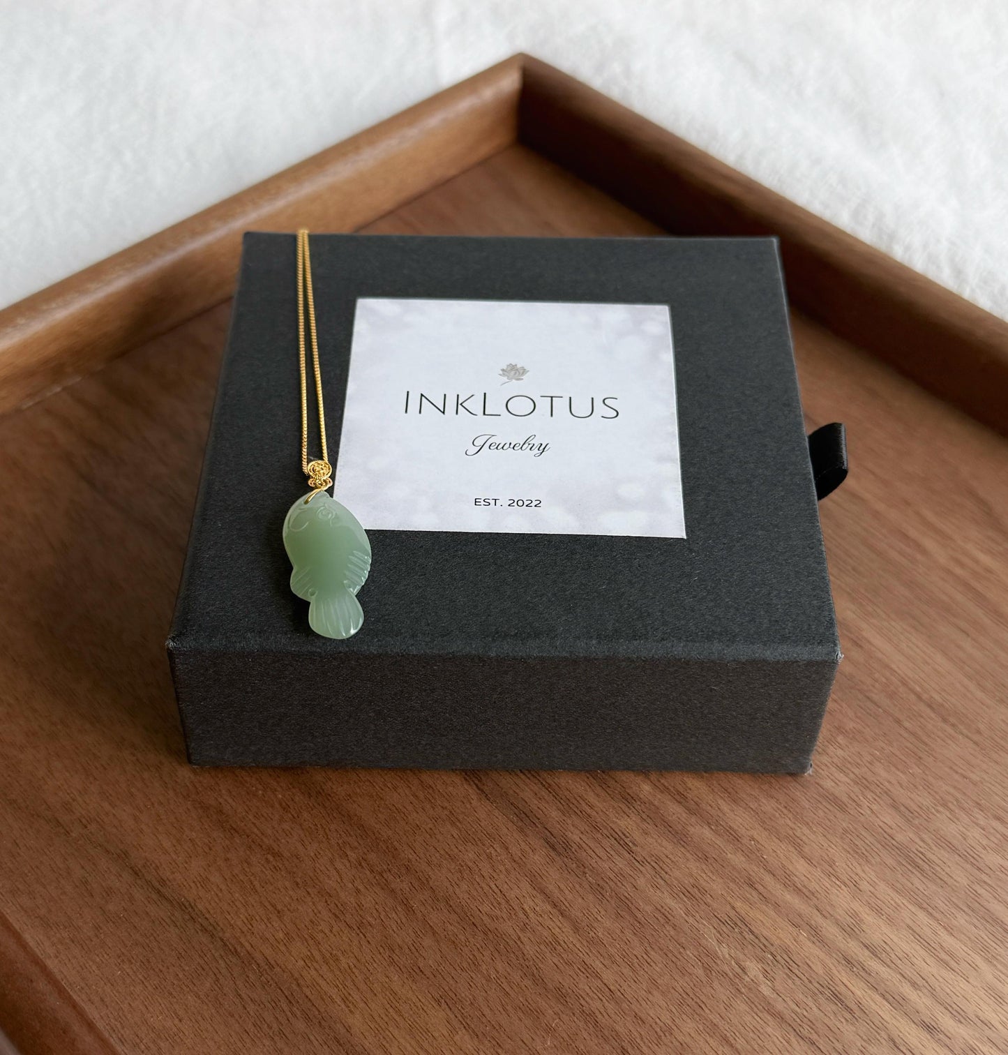 Green Nephrite Jade Fish Pendant Necklace | 18K Gold Bail, Adjustable Chain
