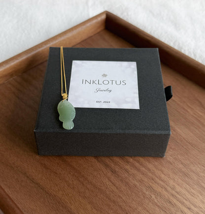 Green Nephrite Jade Fish Pendant Necklace | 18K Gold Bail, Adjustable Chain