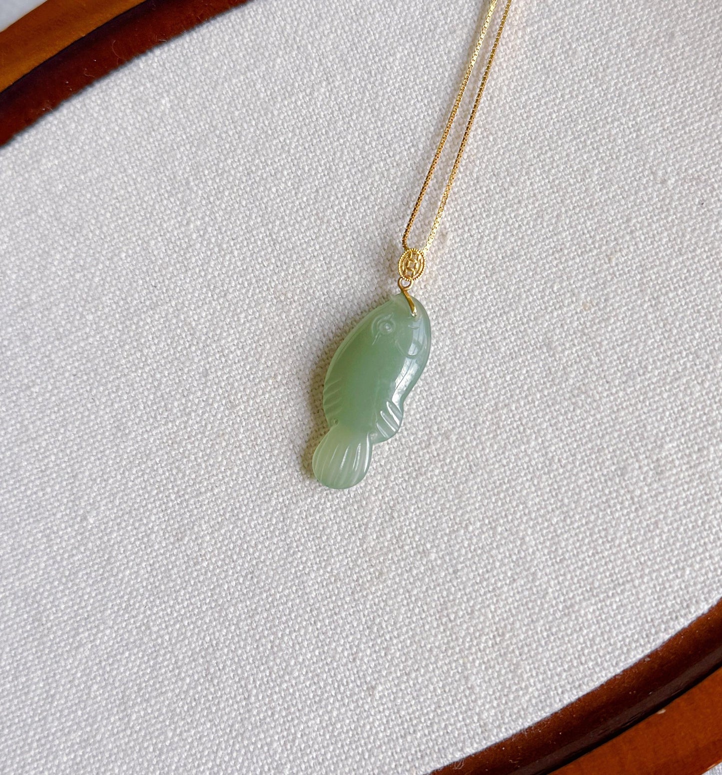 Green Nephrite Jade Fish Pendant Necklace | 18K Gold Bail, Adjustable Chain