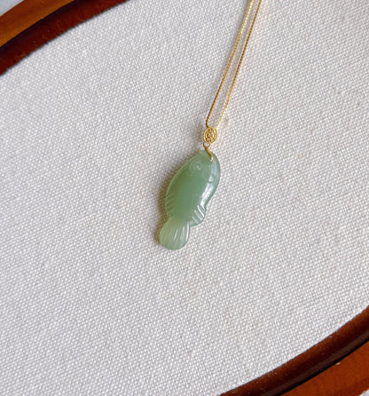 Green Nephrite Jade Fish Pendant Necklace | 18K Gold Bail, Adjustable Chain