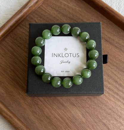 12mm Natural Nephrite Jade Bracelet | Certified Green Jade with Cat’s Eye Effect | Collector Grade Gemstone