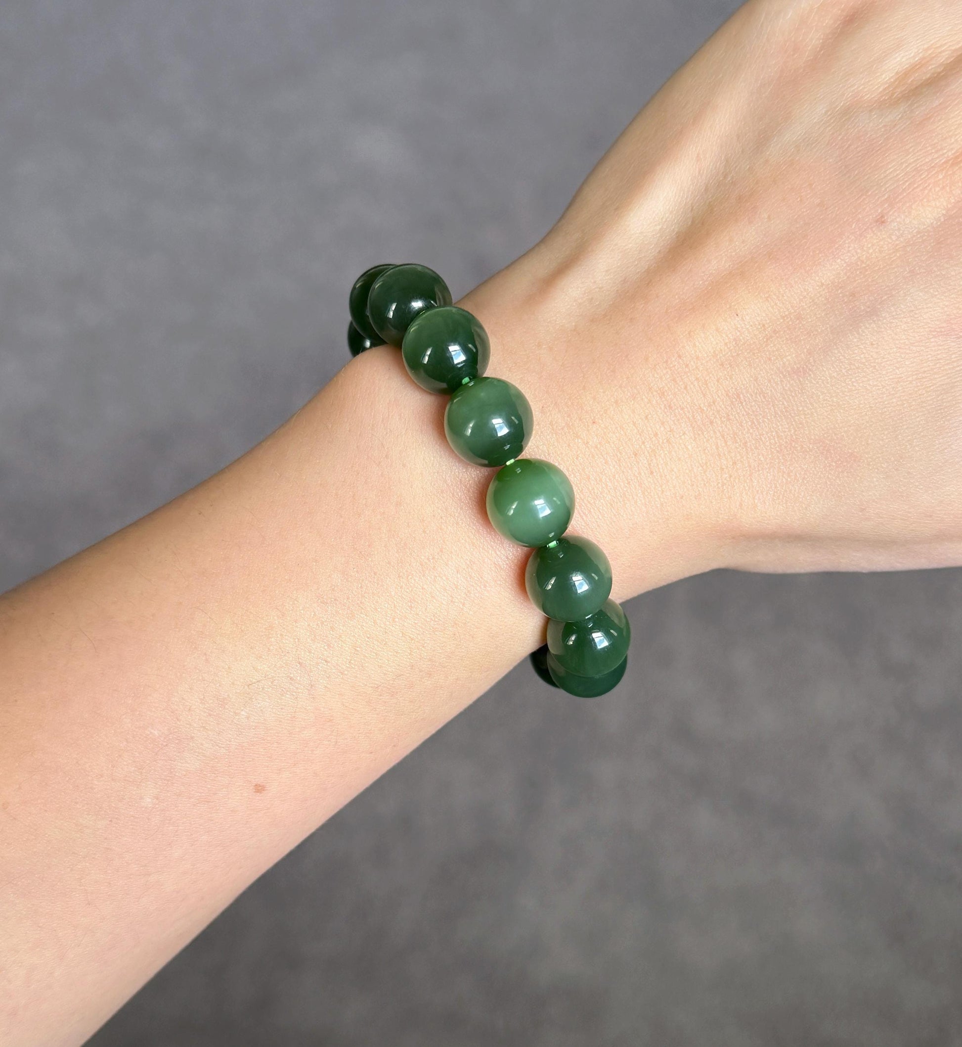 12mm Natural Nephrite Jade Bracelet | Certified Green Jade with Cat’s Eye Effect | Collector Grade Gemstone