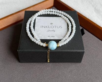 White Nephrite Jade Larimar Beaded Necklace | Minimalist Gemstone Choker | 4mm Jade Beads | Adjustable Length