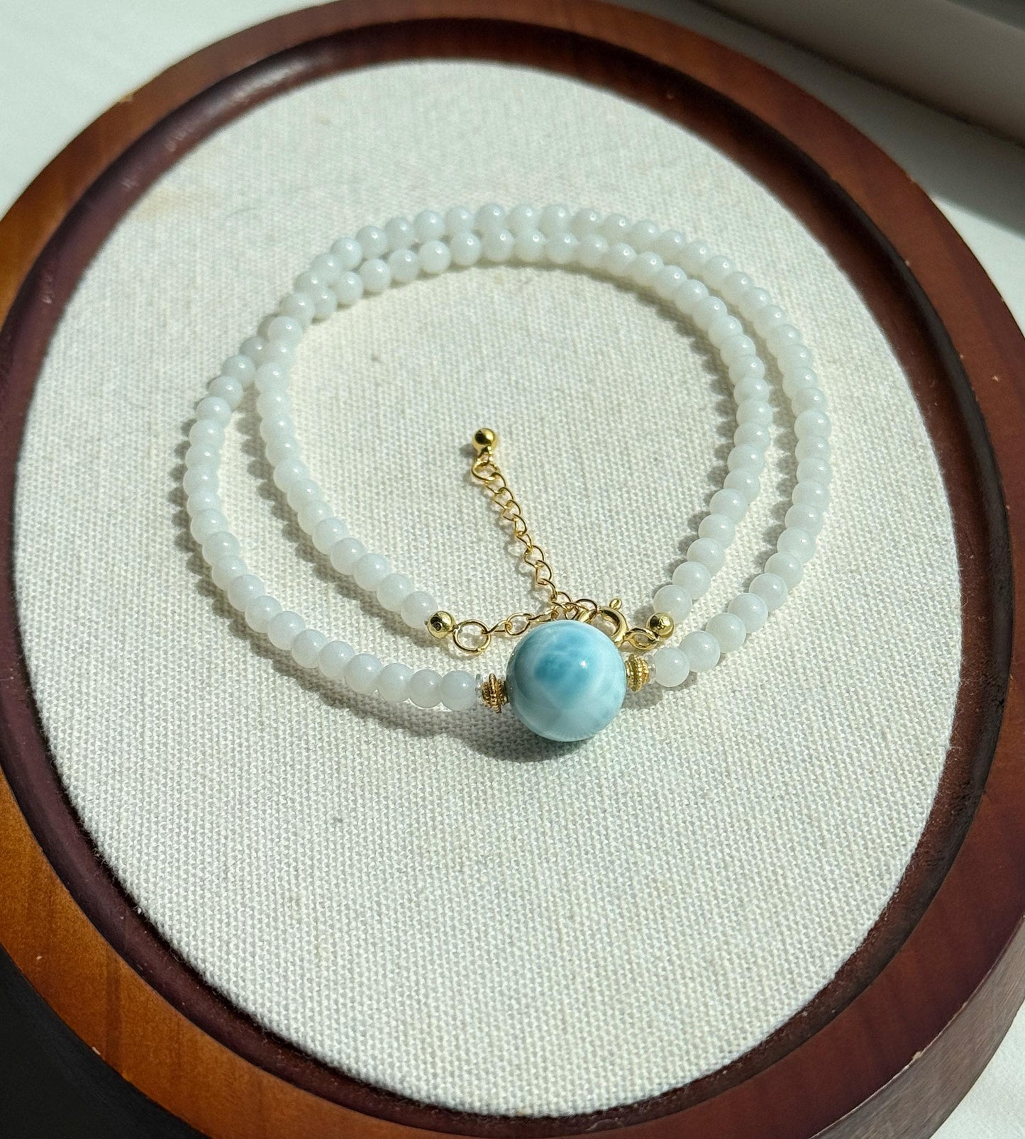 White Nephrite Jade Larimar Beaded Necklace | Minimalist Gemstone Choker | 4mm Jade Beads | Adjustable Length