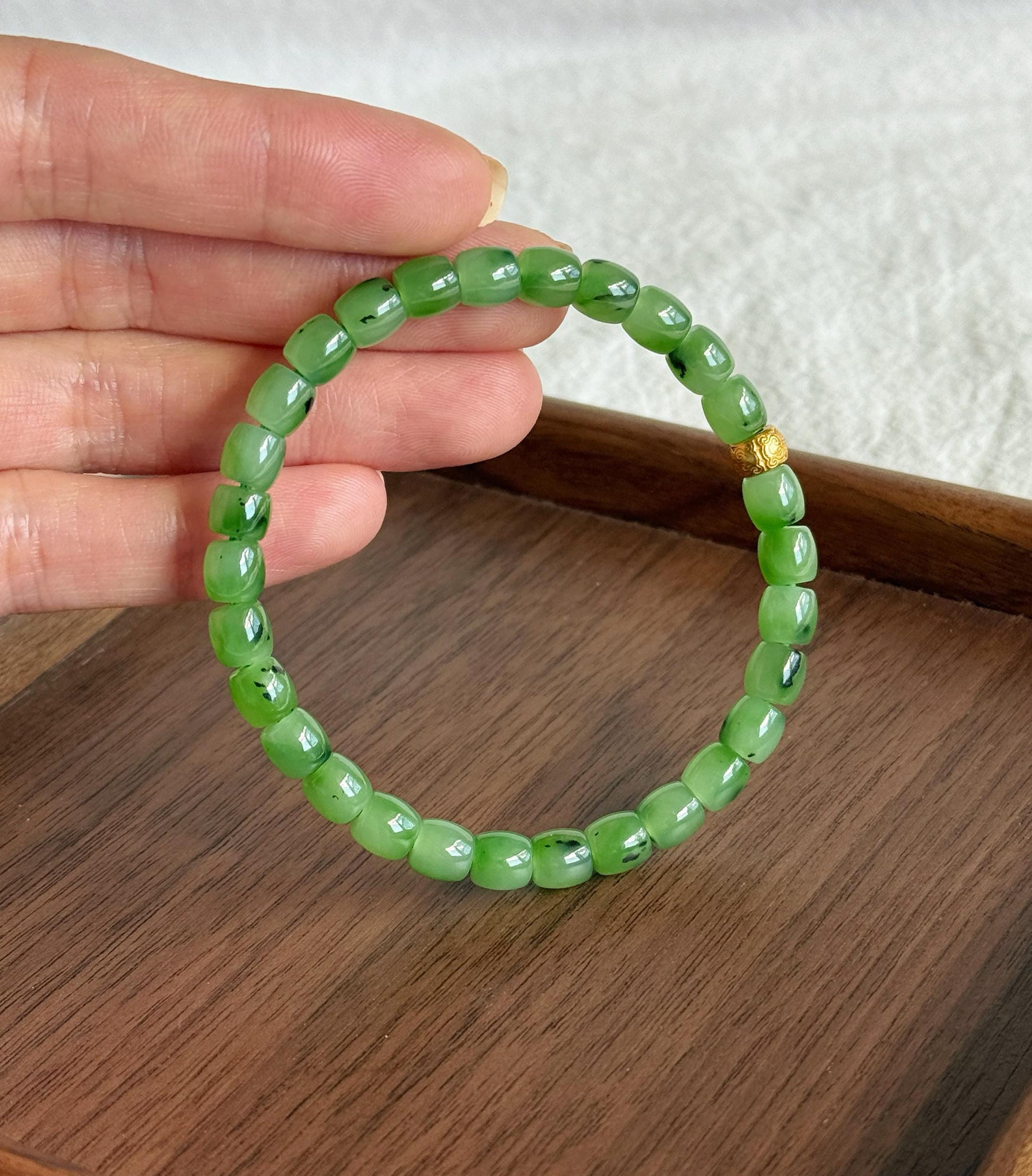 Green Nephrite Jade Bracelet 6mm | S925 Gold Accent Ruyi Bracelet | Lucky Minimalist Jewelry Gift
