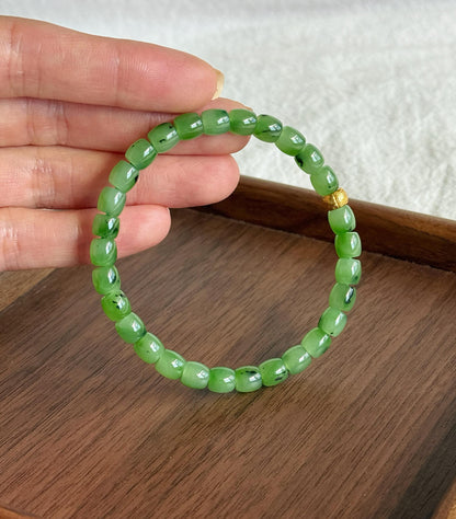 Green Nephrite Jade Bracelet 6mm | S925 Gold Accent Ruyi Bracelet | Lucky Minimalist Jewelry Gift