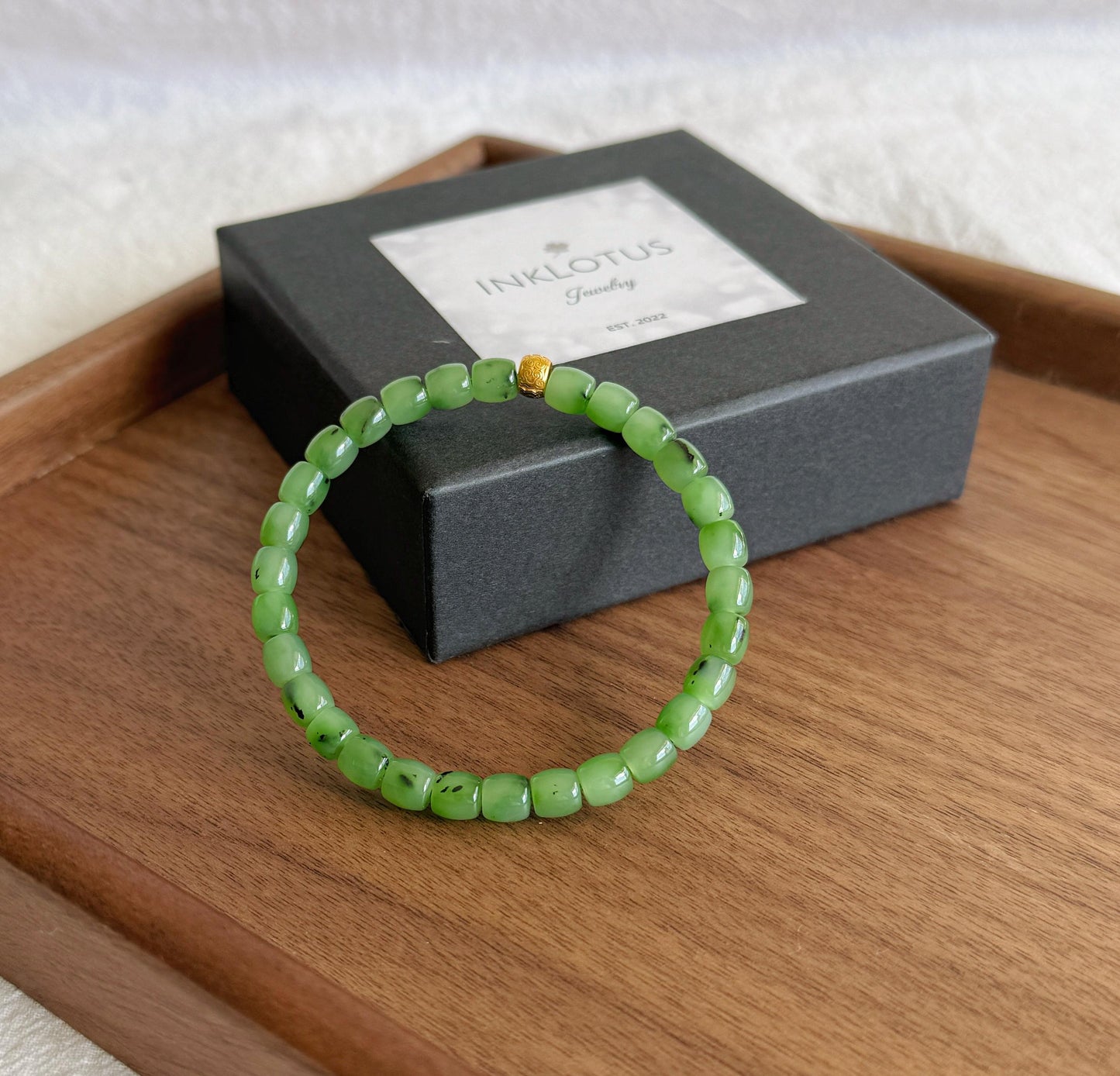 Green Nephrite Jade Bracelet 6mm | S925 Gold Accent Ruyi Bracelet | Lucky Minimalist Jewelry Gift