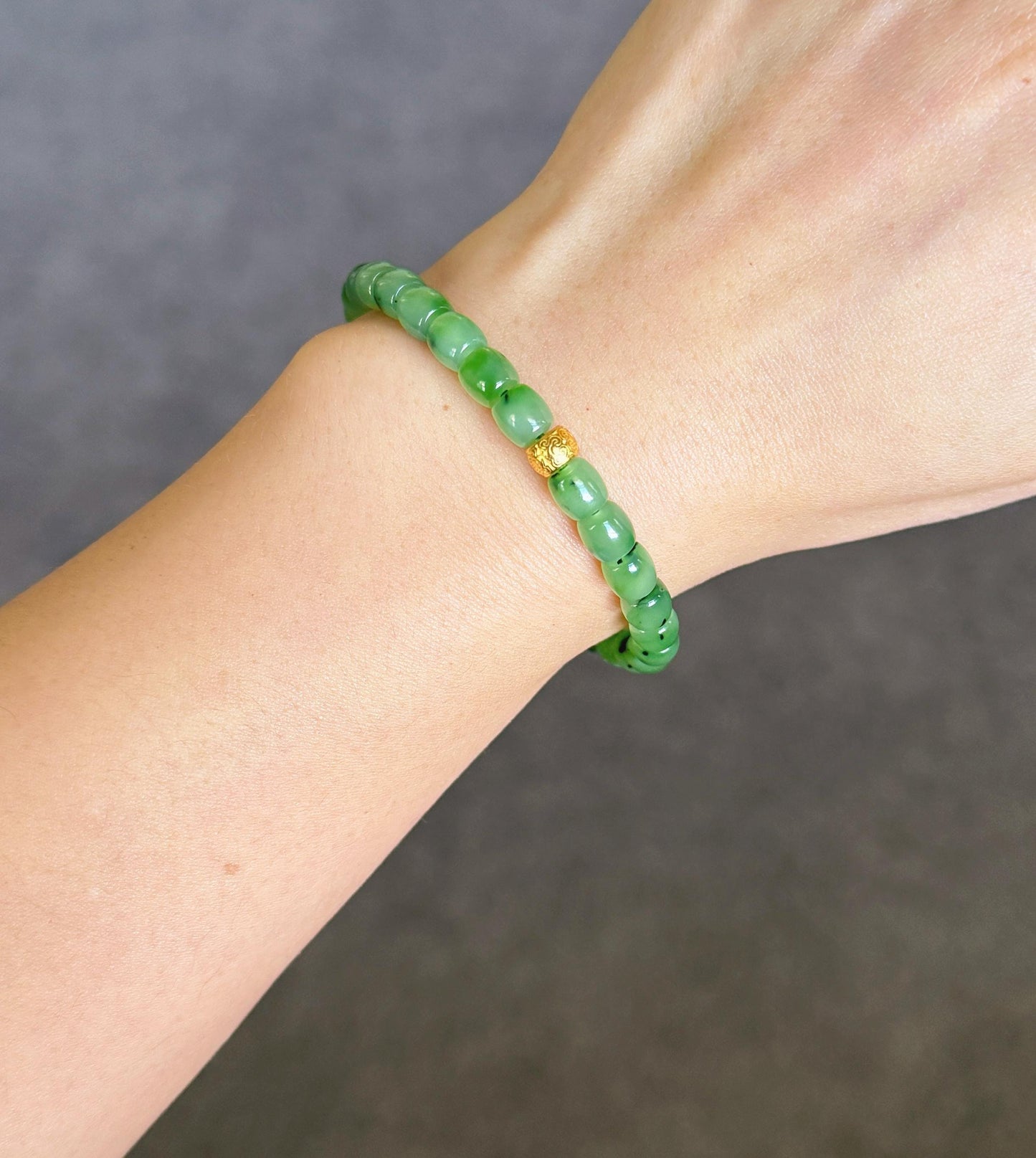 Green Nephrite Jade Bracelet 6mm | S925 Gold Accent Ruyi Bracelet | Lucky Minimalist Jewelry Gift