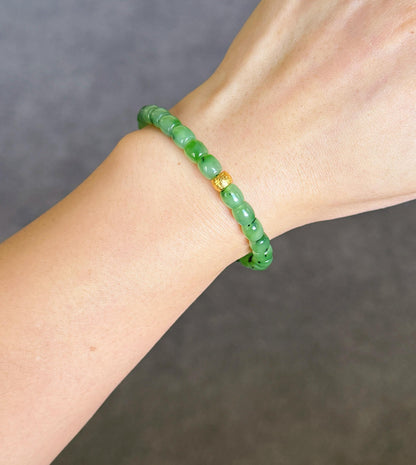 Green Nephrite Jade Bracelet 6mm | S925 Gold Accent Ruyi Bracelet | Lucky Minimalist Jewelry Gift