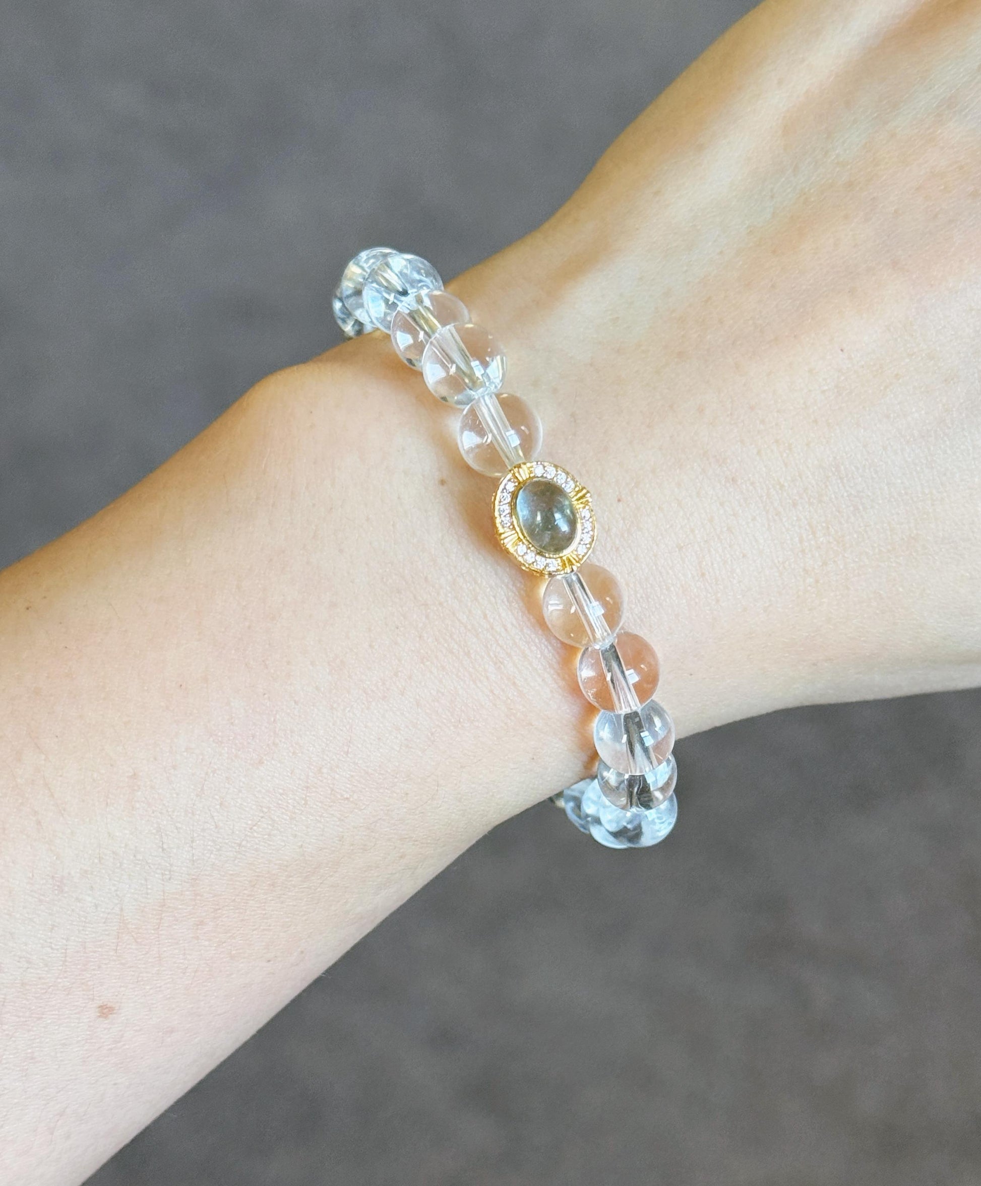 8mm Clear Quartz Beaded Bracelet with Aquamarine Charm | Clarity & Calm