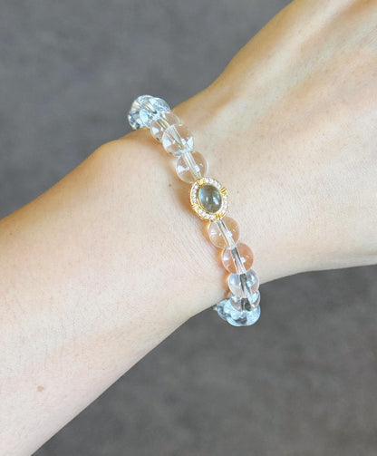 8mm Clear Quartz Beaded Bracelet with Aquamarine Charm | Clarity & Calm