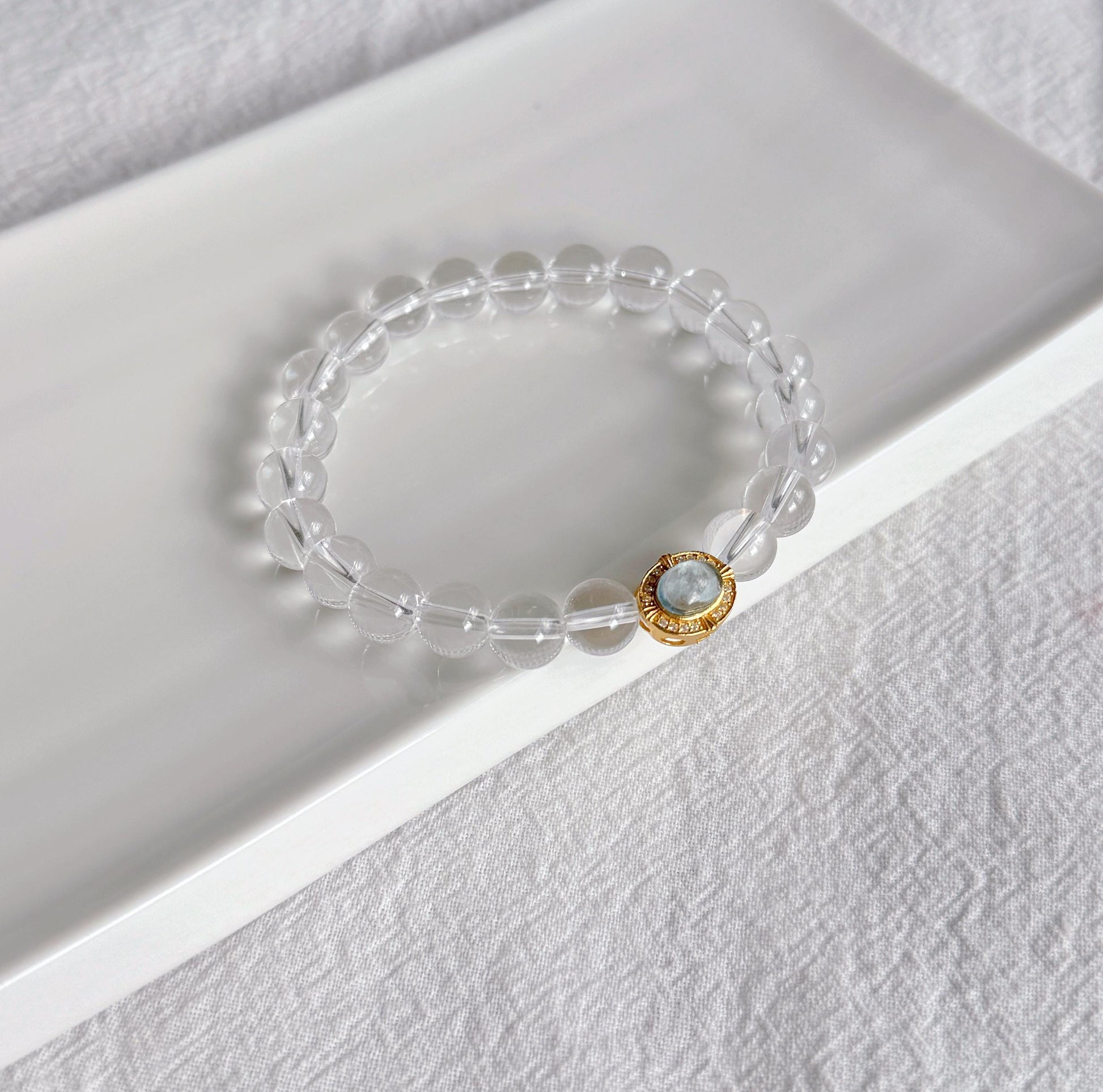 8mm Clear Quartz Beaded Bracelet with Aquamarine Charm | Clarity & Calm