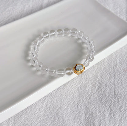 8mm Clear Quartz Beaded Bracelet with Aquamarine Charm | Clarity & Calm