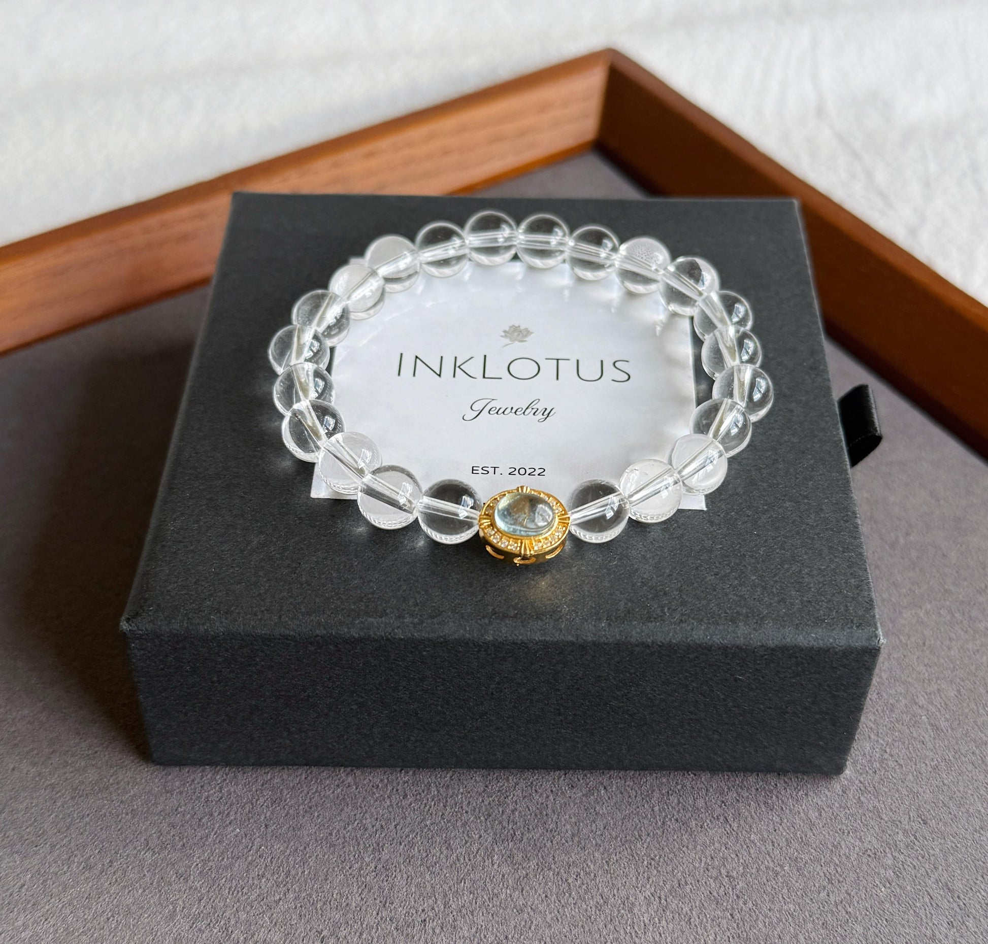 8mm Clear Quartz Beaded Bracelet with Aquamarine Charm | Clarity & Calm