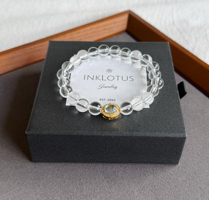 8mm Clear Quartz Beaded Bracelet with Aquamarine Charm | Clarity & Calm