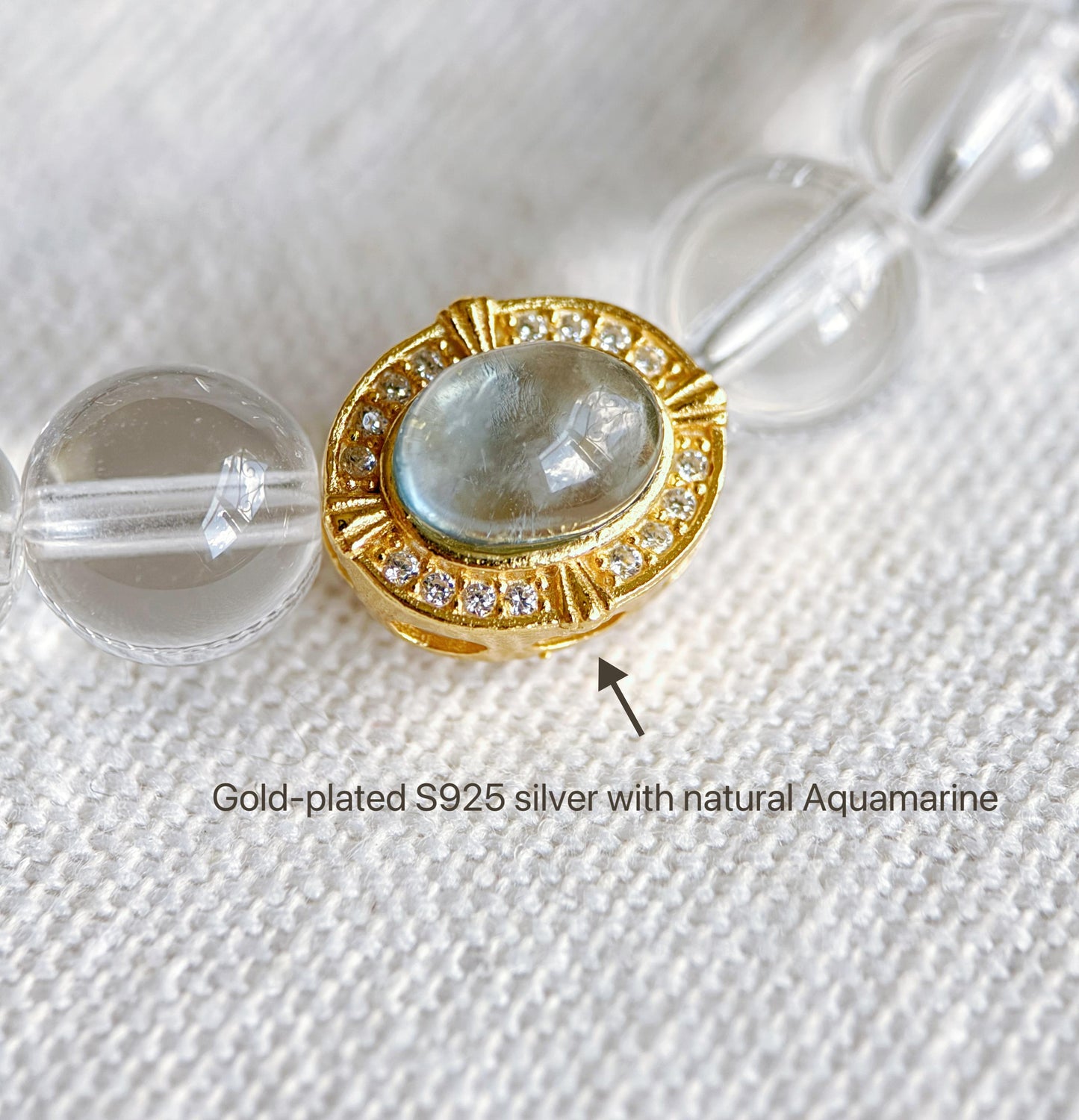 8mm Clear Quartz Beaded Bracelet with Aquamarine Charm | Clarity & Calm