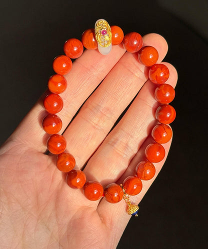 Natural Red Agate Bracelet 8.5mm | S925 Silver Chalcedony Ring & Lapis Lazuli Charm | Lucky Energy Jewelry Gift