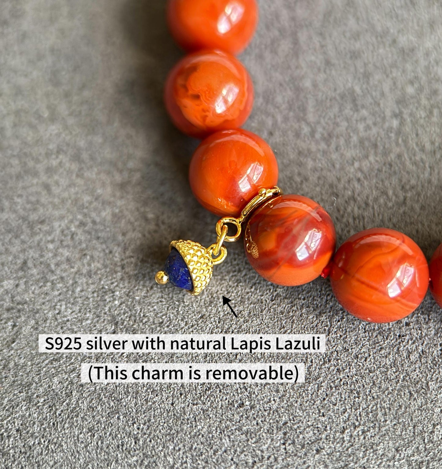 Natural Red Agate Bracelet 8.5mm | S925 Silver Chalcedony Ring & Lapis Lazuli Charm | Lucky Energy Jewelry Gift