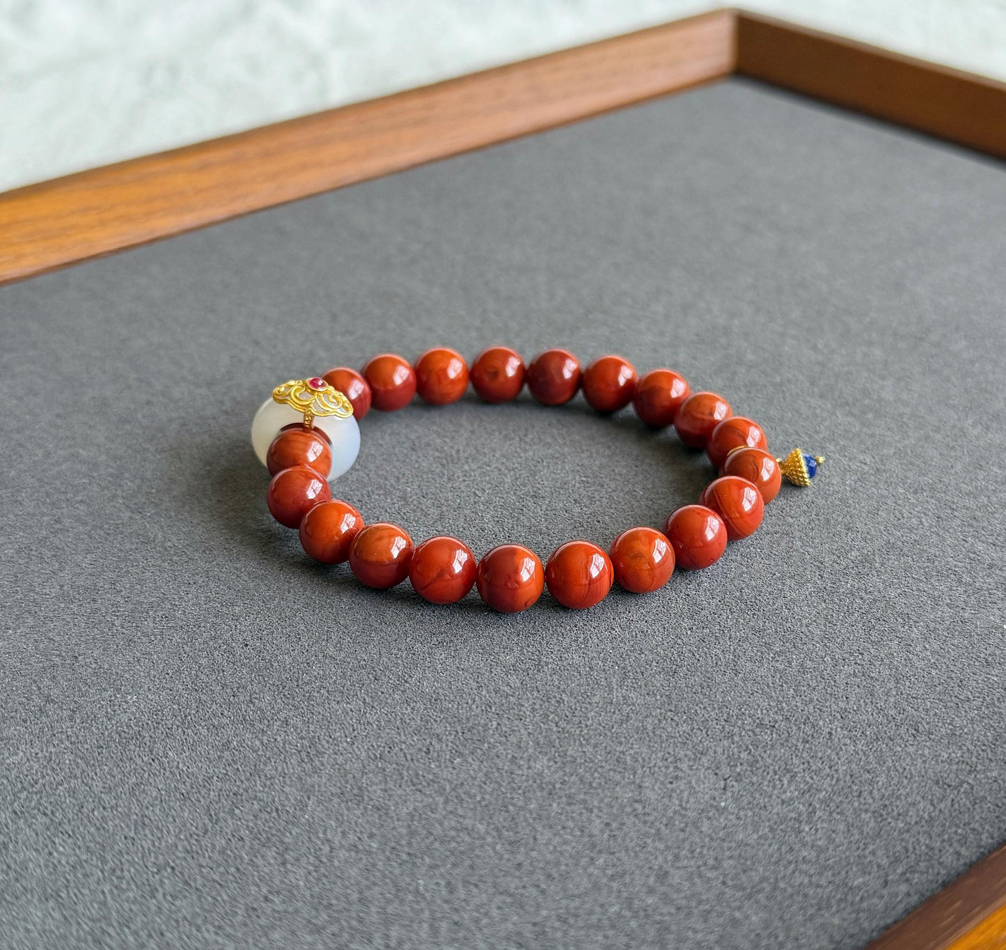 Natural Red Agate Bracelet 8.5mm | S925 Silver Chalcedony Ring & Lapis Lazuli Charm | Lucky Energy Jewelry Gift