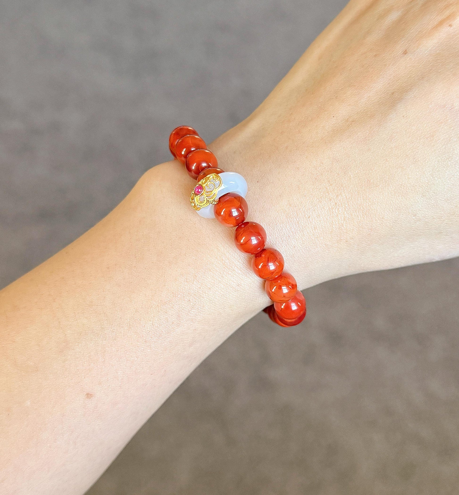 Natural Red Agate Bracelet 8.5mm | S925 Silver Chalcedony Ring & Lapis Lazuli Charm | Lucky Energy Jewelry Gift