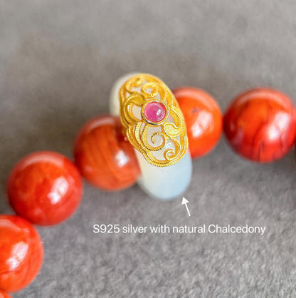 Natural Red Agate Bracelet 8.5mm | S925 Silver Chalcedony Ring & Lapis Lazuli Charm | Lucky Energy Jewelry Gift