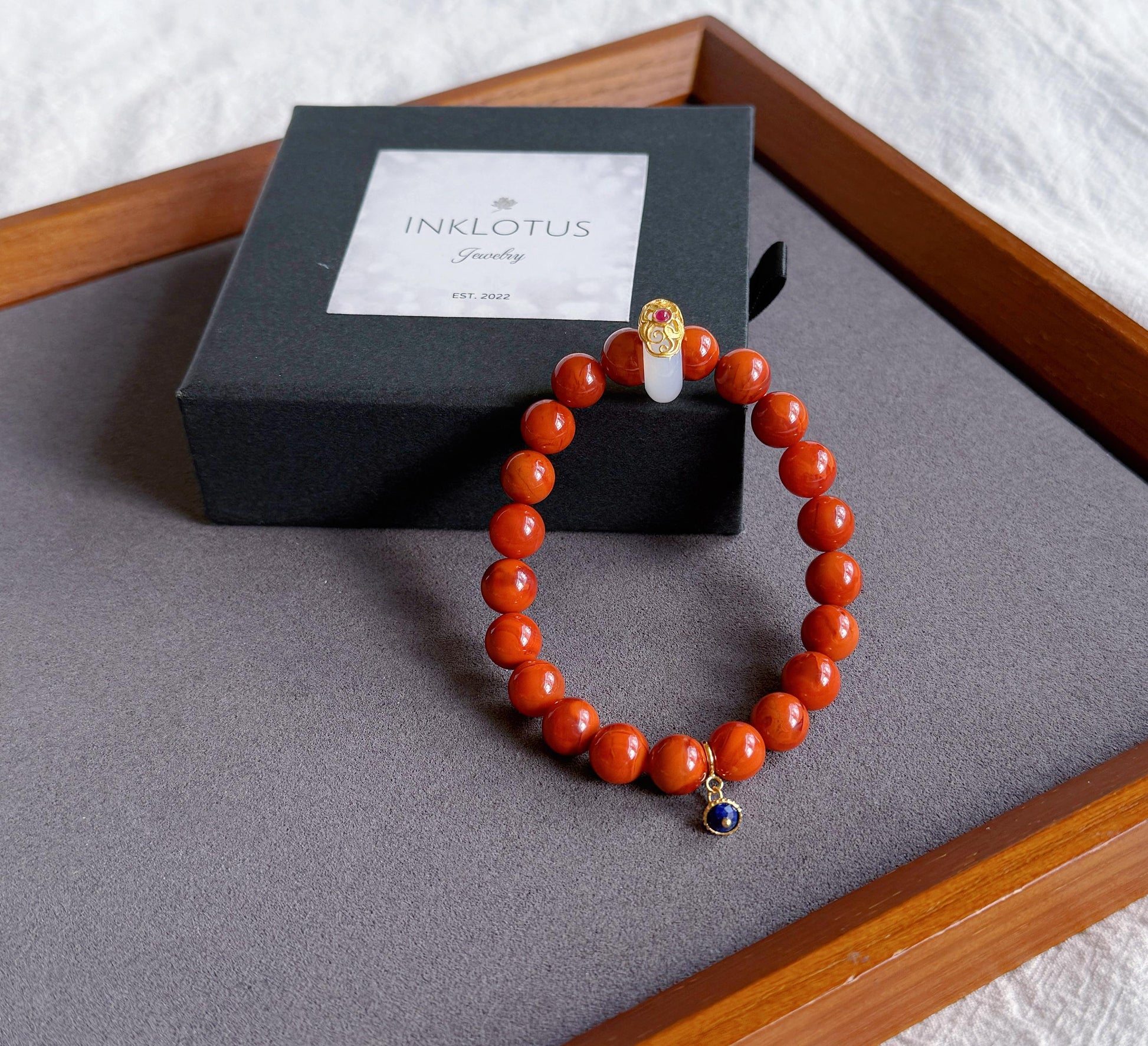 Natural Red Agate Bracelet 8.5mm | S925 Silver Chalcedony Ring & Lapis Lazuli Charm | Lucky Energy Jewelry Gift