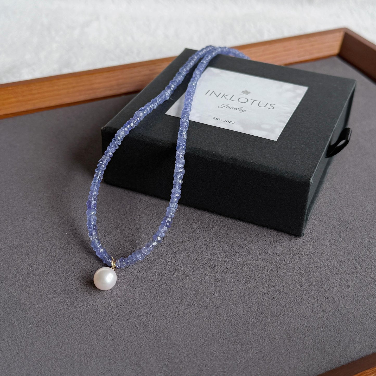 Natural Tanzanite Beaded Necklace | 2*4mm Faceted Gemstone | 18K Gold Freshwater Pearl Pendant | Minimalist Jewelry