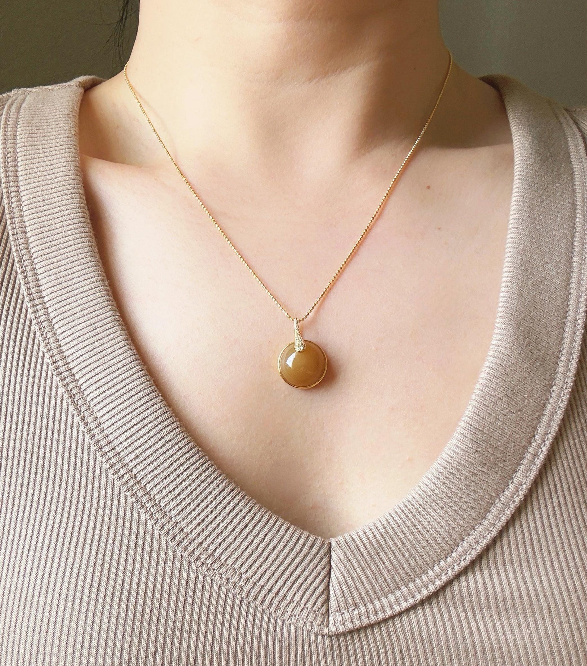 18K Natural Brown Nephrite Jade Pendant with Diamond | Fine Jade Jewelry | One-of-a-Kind Gift
