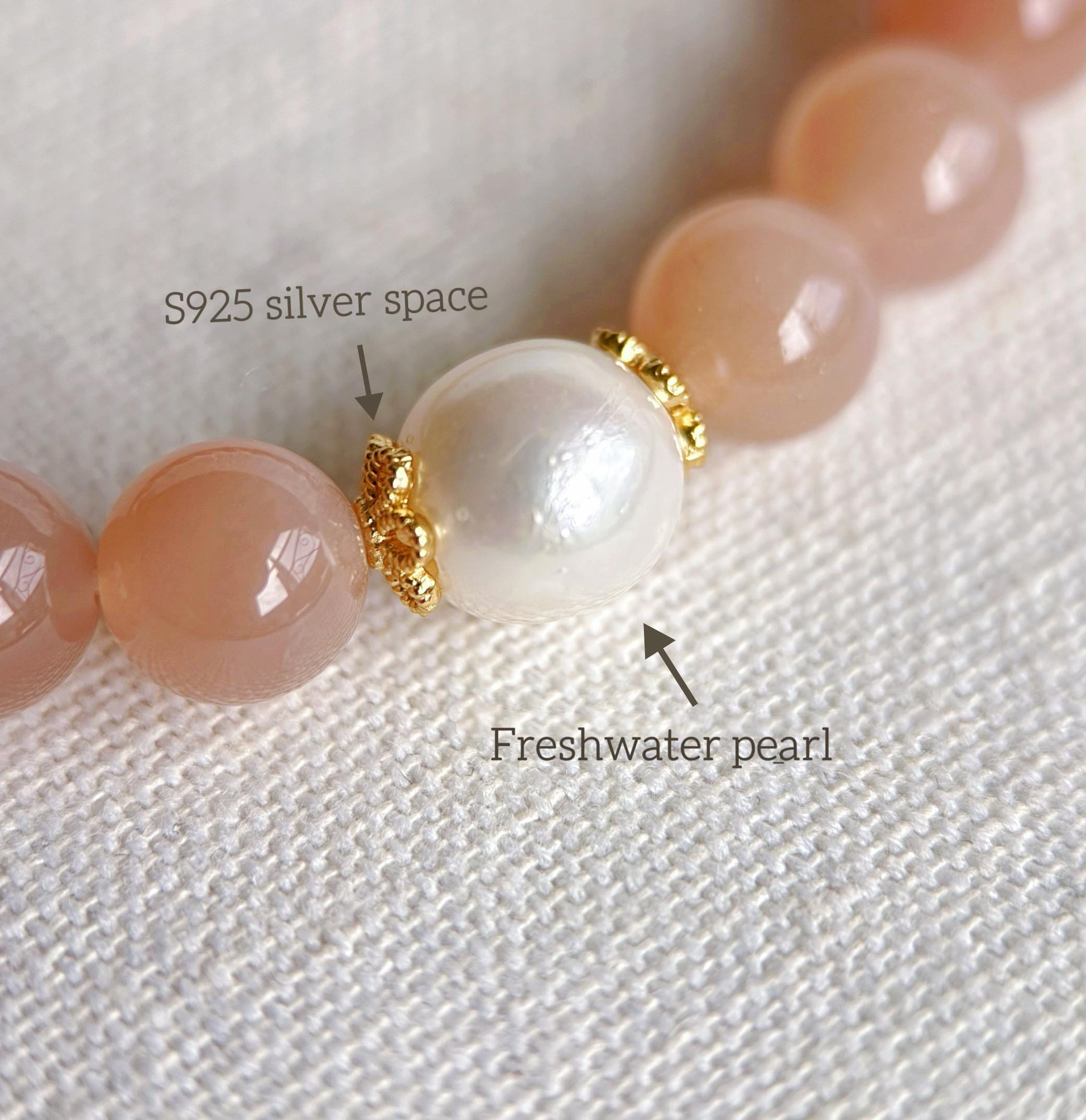 8.5mm Natural and High-grade Peach Moonstone with Freshwater Pearl Bracelet | New Beginnings & Feminine Energy