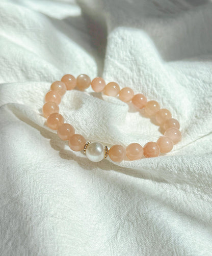 8.5mm Natural and High-grade Peach Moonstone with Freshwater Pearl Bracelet | New Beginnings & Feminine Energy