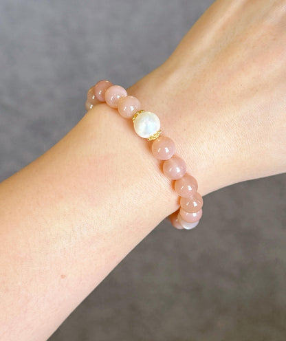 8.5mm Natural and High-grade Peach Moonstone with Freshwater Pearl Bracelet | New Beginnings & Feminine Energy