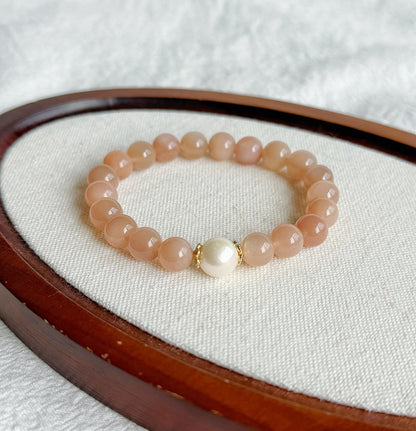 8.5mm Natural and High-grade Peach Moonstone with Freshwater Pearl Bracelet | New Beginnings & Feminine Energy