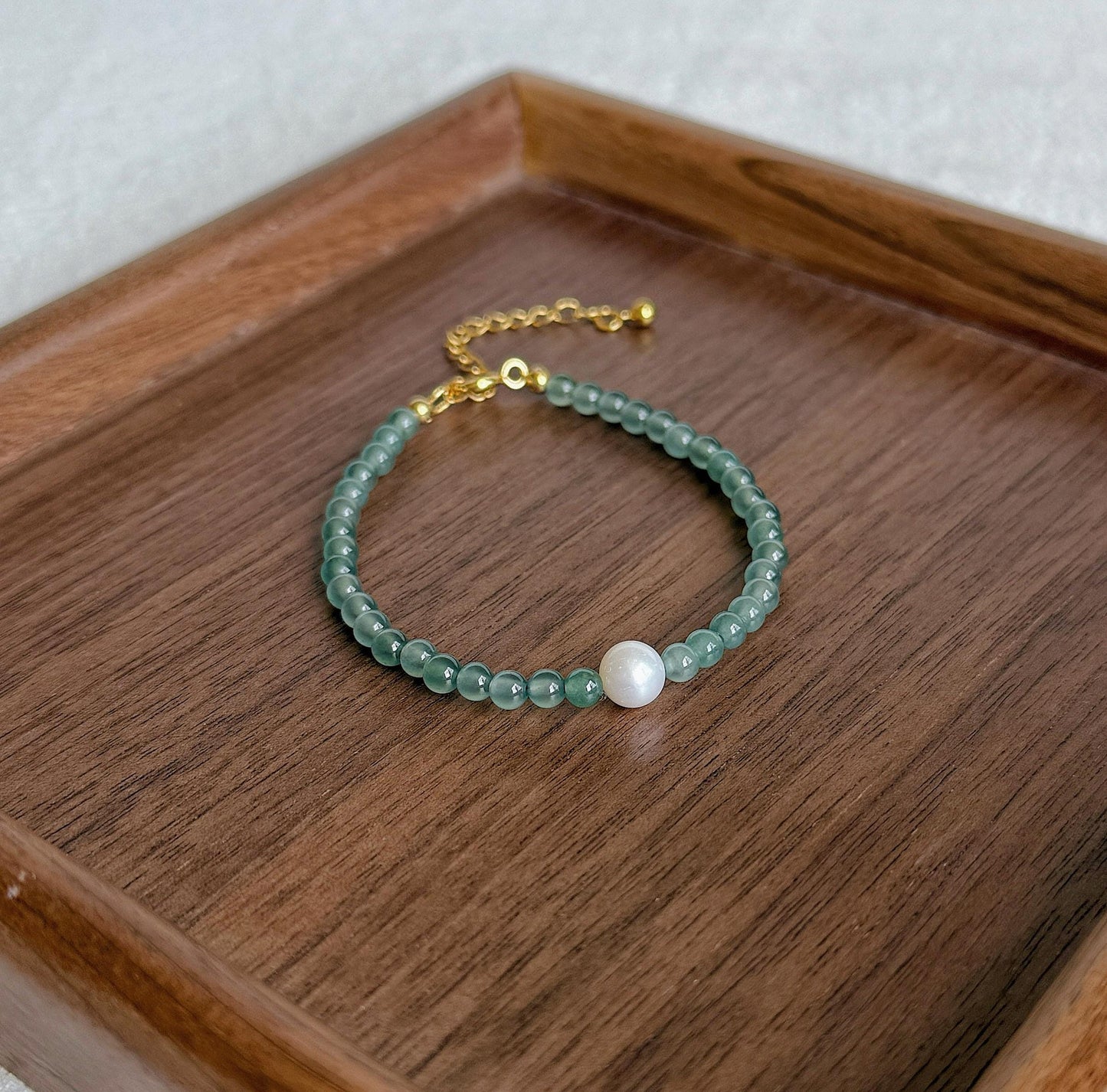 Guatemalan Blue Jadeite Bracelet with Freshwater Pearl | 3.5mm Beaded | Adjustable Length | Minimalist Jewelry Gift