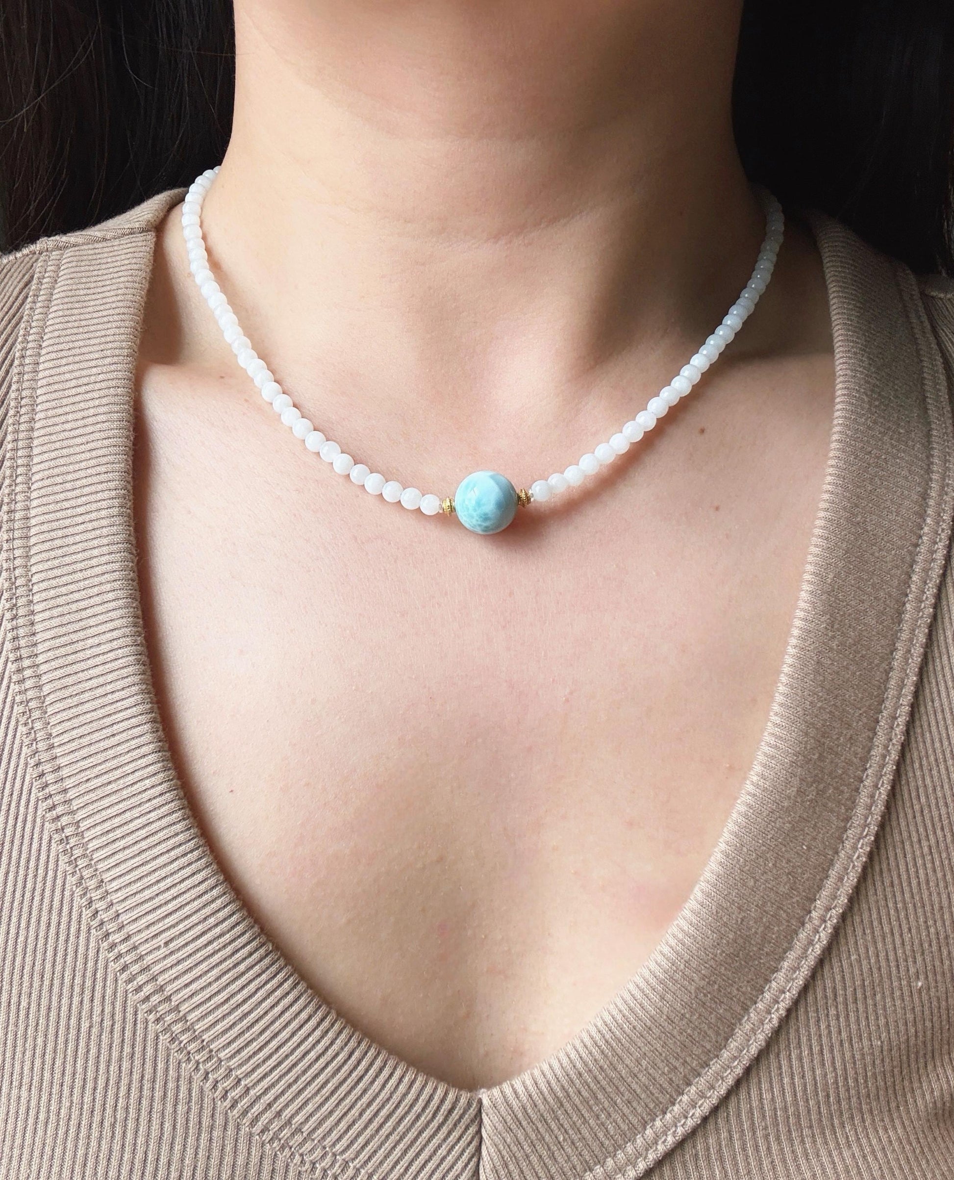 White Nephrite Jade Larimar Beaded Necklace | Minimalist Gemstone Choker | 4mm Jade Beads | Adjustable Length