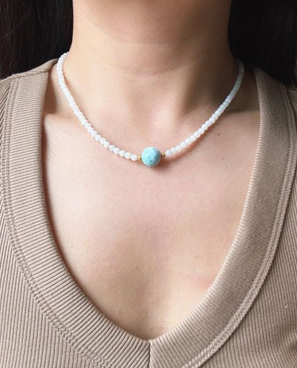 White Nephrite Jade Larimar Beaded Necklace | Minimalist Gemstone Choker | 4mm Jade Beads | Adjustable Length