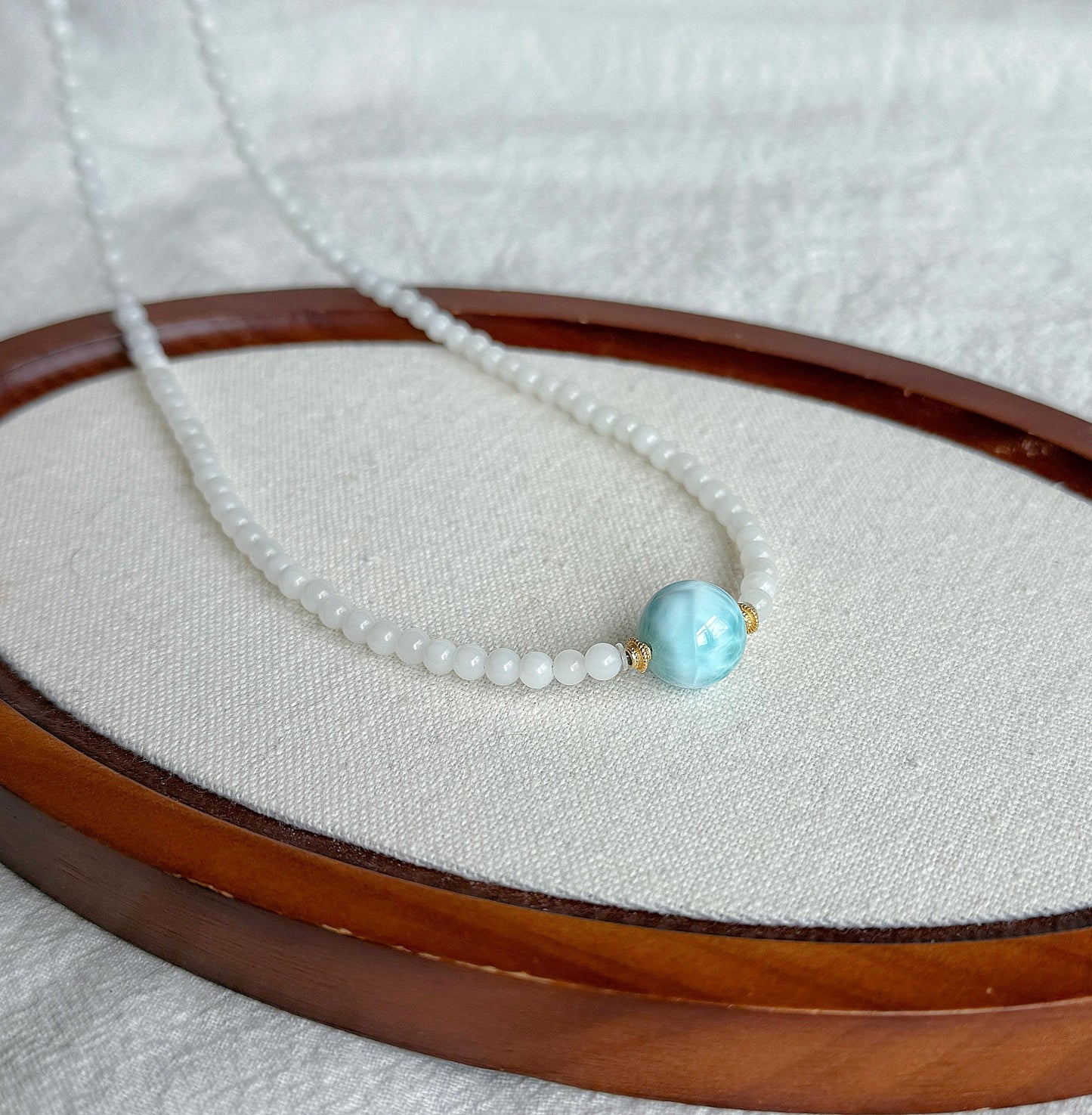 White Nephrite Jade Larimar Beaded Necklace | Minimalist Gemstone Choker | 4mm Jade Beads | Adjustable Length
