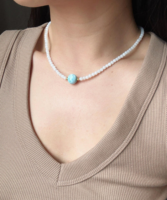 White Nephrite Jade Larimar Beaded Necklace | Minimalist Gemstone Choker | 4mm Jade Beads | Adjustable Length