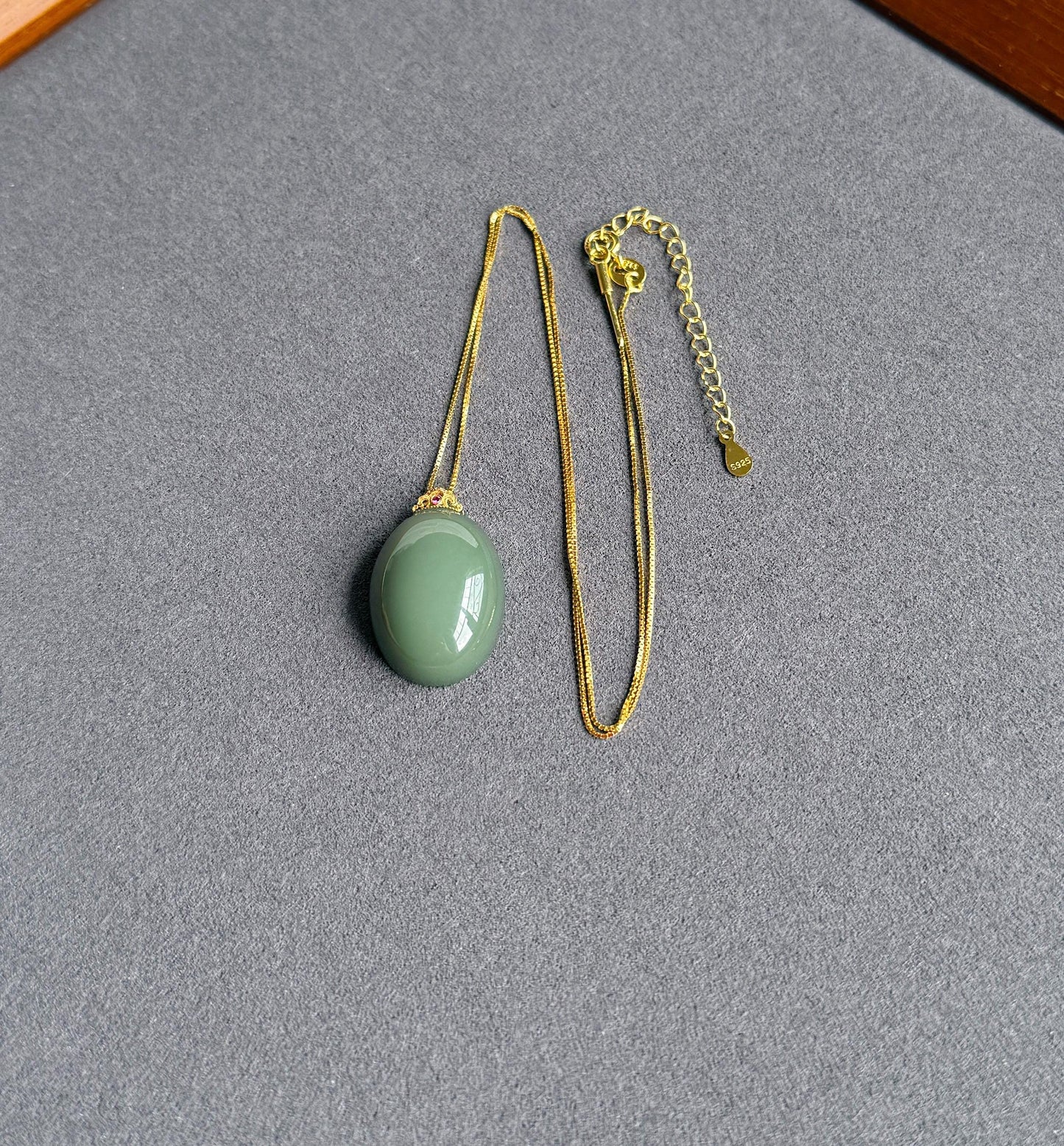Natural Nephrite Jade Pendant Necklace | Certified Fine Jade | 18K Gold Bail | Soft Green Blue Cabochon | Minimalist Luxury Jewelry Gift