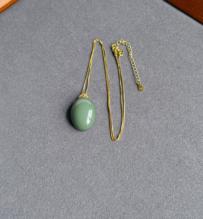 Natural Nephrite Jade Pendant Necklace | Certified Fine Jade | 18K Gold Bail | Soft Green Blue Cabochon | Minimalist Luxury Jewelry Gift