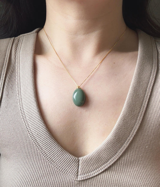 Natural Nephrite Jade Pendant Necklace | Certified Fine Jade | 18K Gold Bail | Soft Green Blue Cabochon | Minimalist Luxury Jewelry Gift