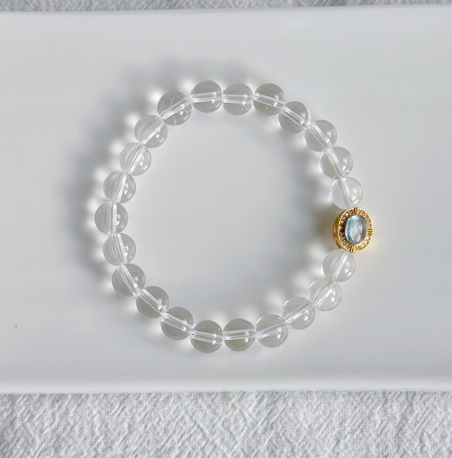 8mm Clear Quartz Beaded Bracelet with Aquamarine Charm | Clarity & Calm